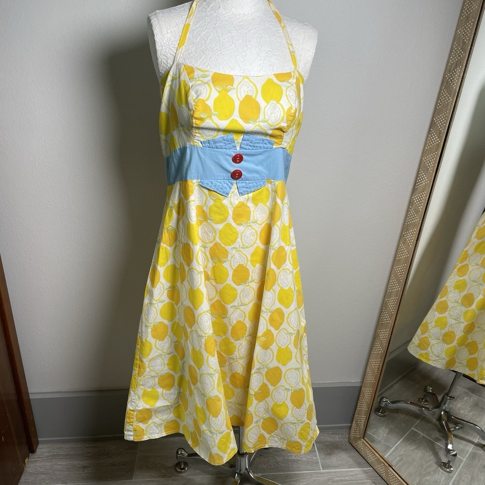 Bon Bon Womens 12 Yellow Halter Dress Rockabilly Pinup Lemon Print Cotton